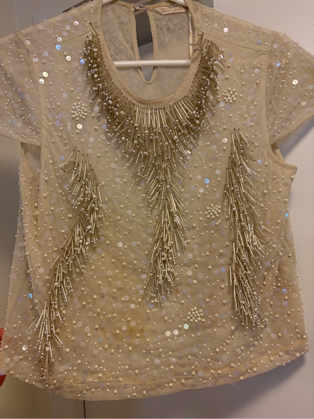 Zara Cream Beaded Mesh Top with Gold Tubular Tassel Accents